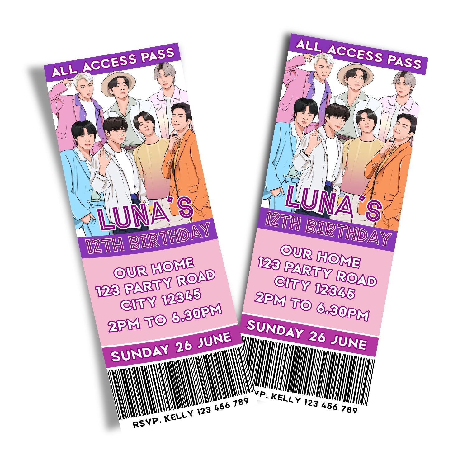 BTS themed personalized birthday ticket invitations