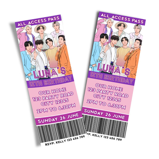 BTS themed personalized birthday ticket invitations