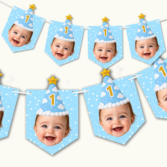 Baby blue kids party bunting banner hanging on a wall with personalised child face photo cutouts and custom age