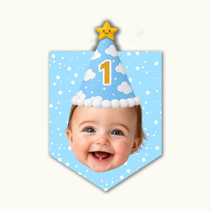 Close-up of high-quality baby blue cardstock party bunting showing a clear layout of a child's face cutout and custom age