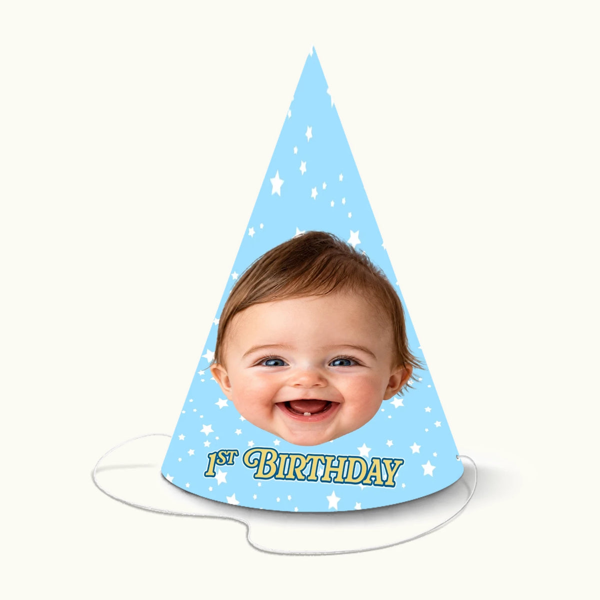 Baby blue kids cone party hat featuring a personalised child face cutout and custom birthday text.
