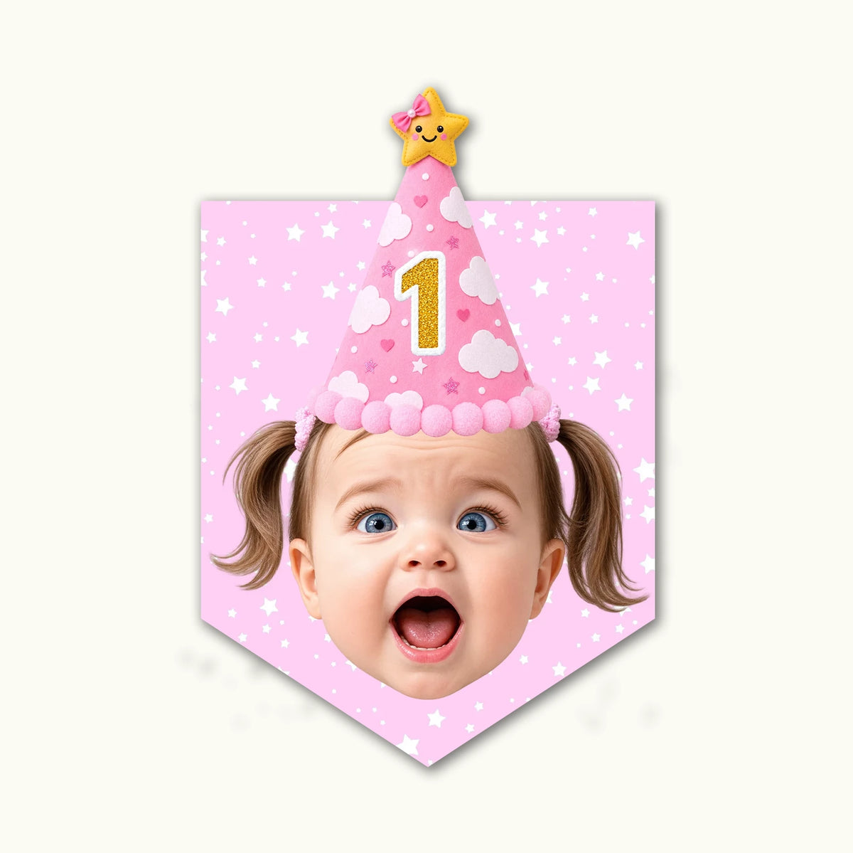 Close-up of high-quality baby pink cardstock party bunting showing a clear layout of a child's face cutout and custom font.