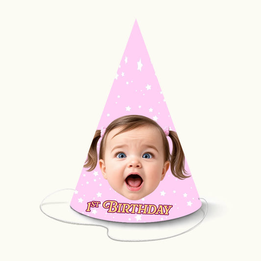 Baby pink kids cone party hat featuring a personalised child face cutout and custom birthday text.