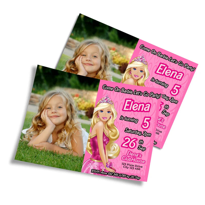Barbie Personalized Photo Card Invitations with child's photo