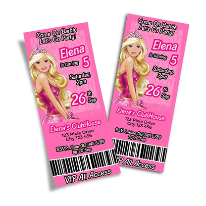 Barbie Personalized Birthday Ticket Invitations with event details