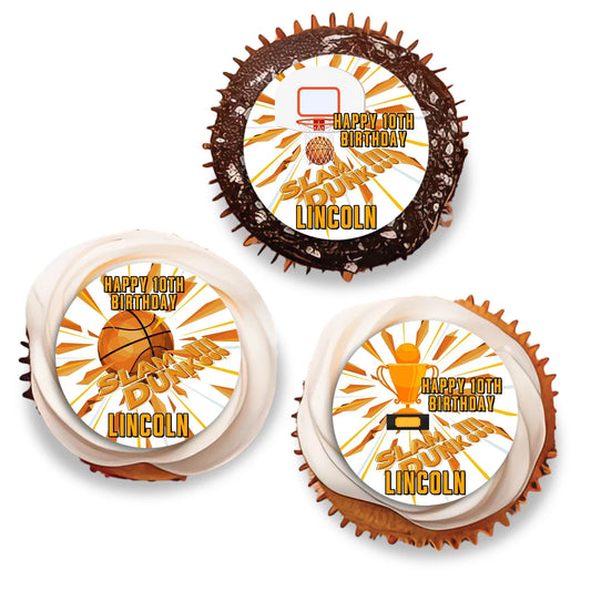 Basketball personalized cupcakes toppers designed to add a fun touch to dessert displays at parties