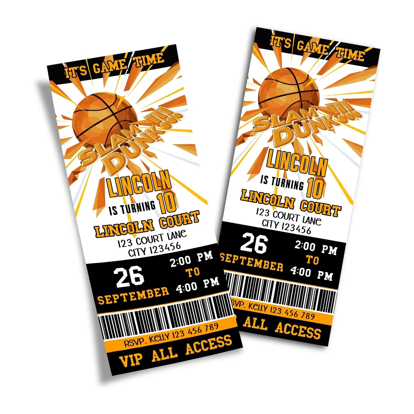 Basketball personalized birthday ticket invitations designed to resemble real game tickets for unique invites