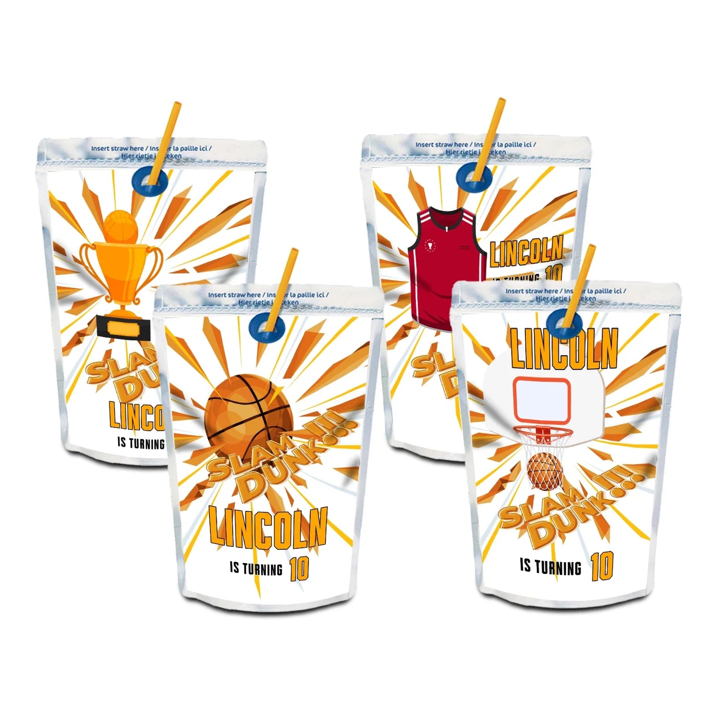 Basketball juice pouch label perfect for adding a fun touch to drinks at children's parties and celebrations