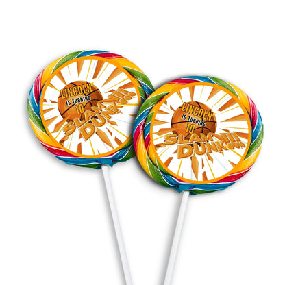 Basketball lollipop label featuring customizable designs for a playful addition to party candy displays