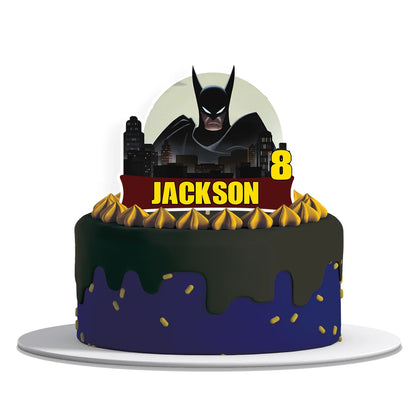 Batman personalized cake toppers featuring custom designs for themed celebrations