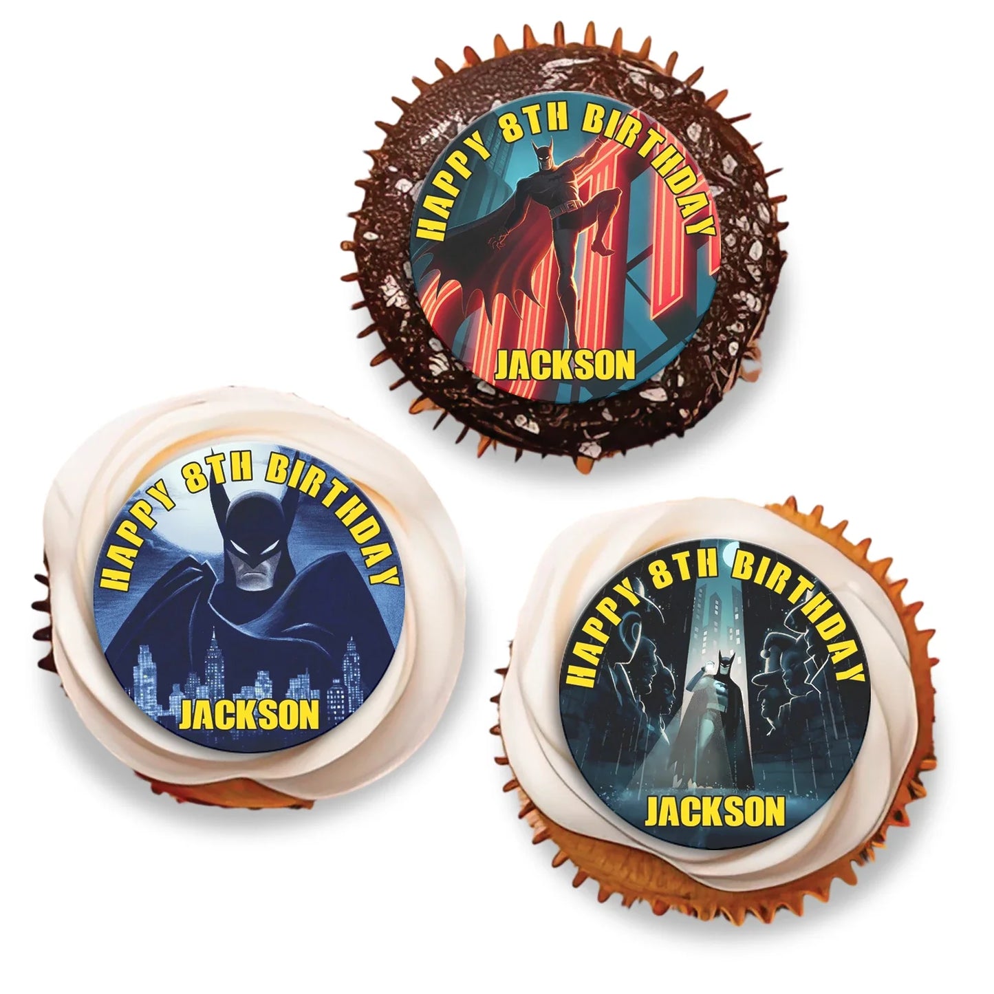 Batman personalized cupcakes toppers with bold designs for themed parties