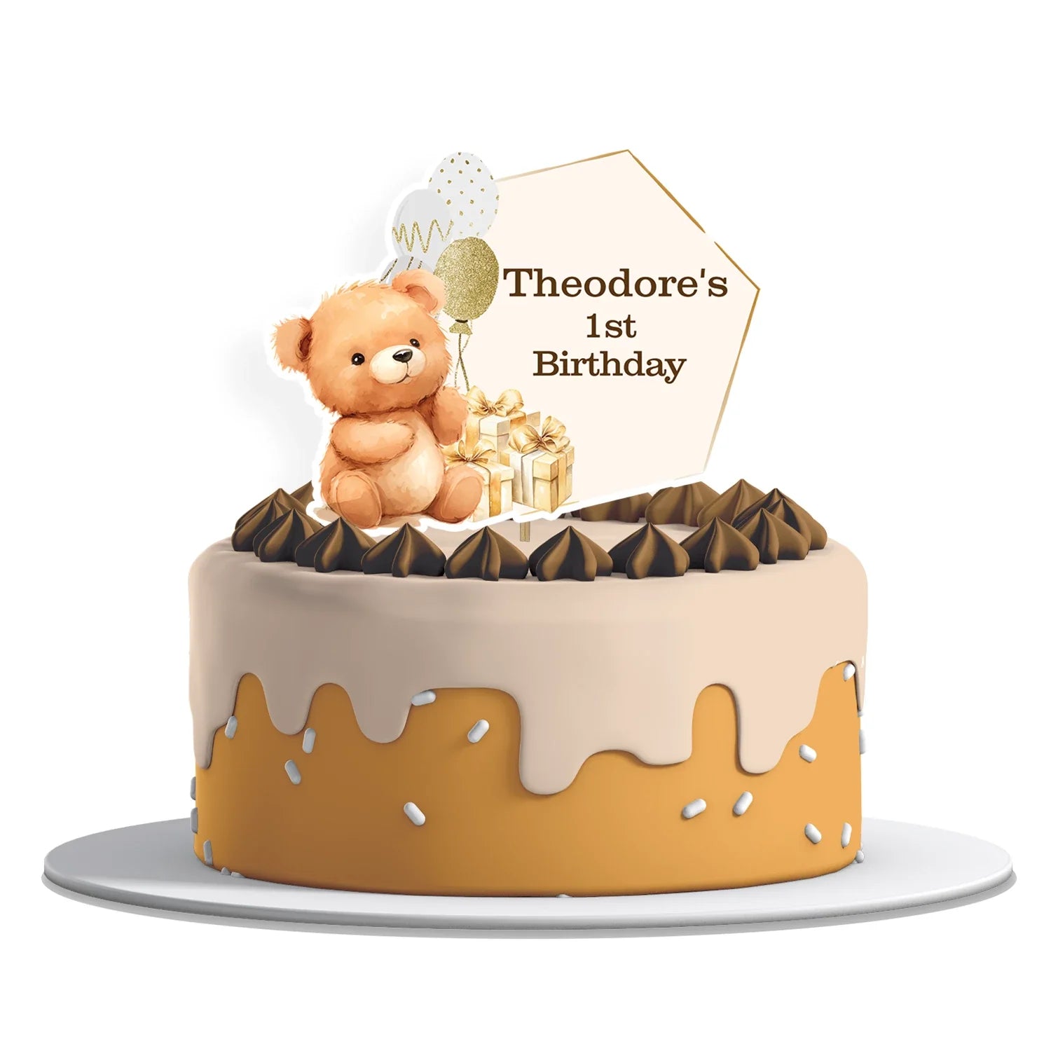 Bear personalized cake toppers featuring adorable teddy bear designs in pastel colors on white background