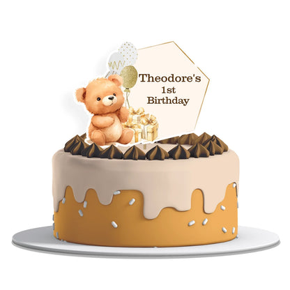 Bear personalized cake toppers featuring adorable teddy bear designs in pastel colors on white background