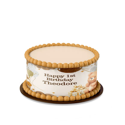 Bear personalized cake strips with soft brown and beige teddy bear patterns laid flat on white background