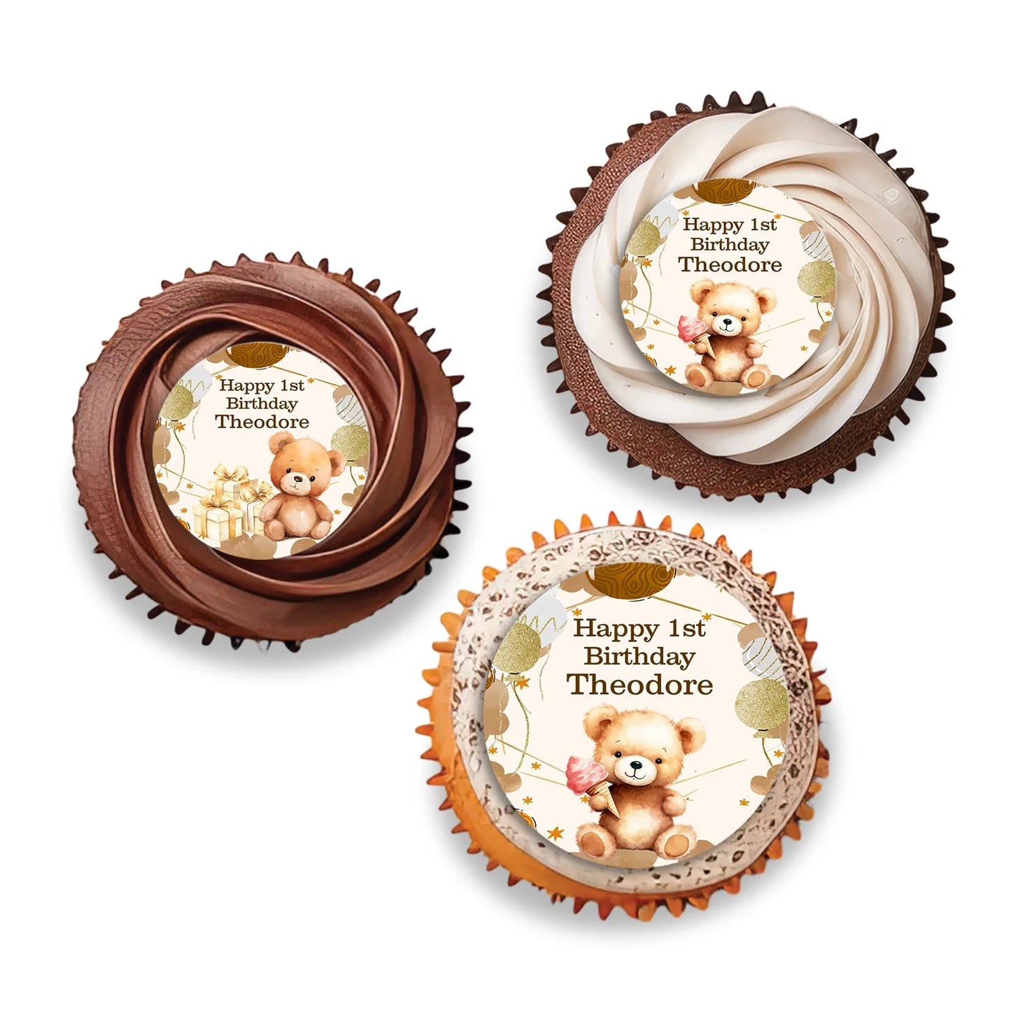 Bear personalized cupcake toppers with sweet teddy bear illustrations on white background