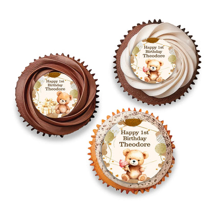 Bear personalized cupcake toppers with sweet teddy bear illustrations on white background