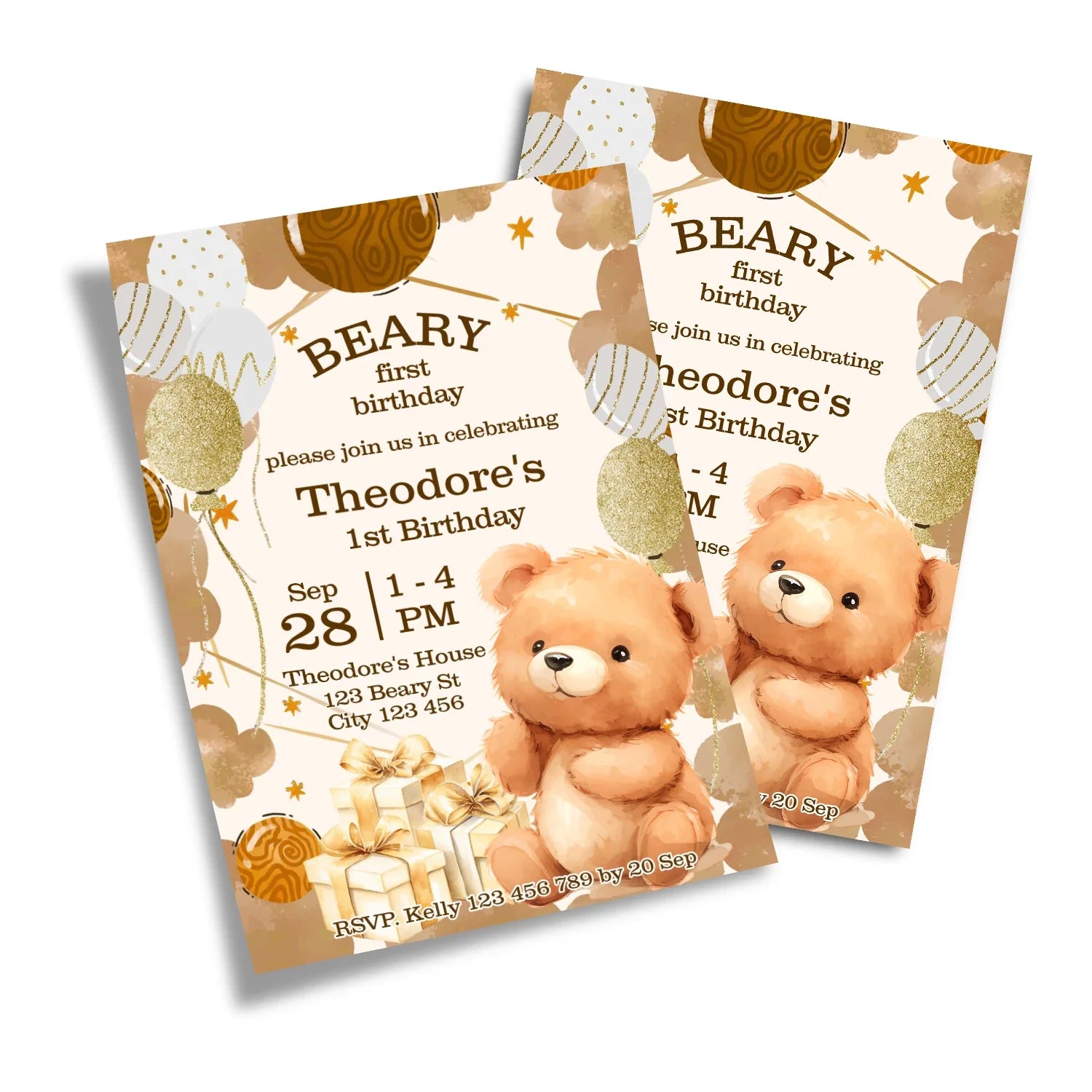 Bear personalized birthday card invitations with cute bear theme in soft pastel colors shown flat lay