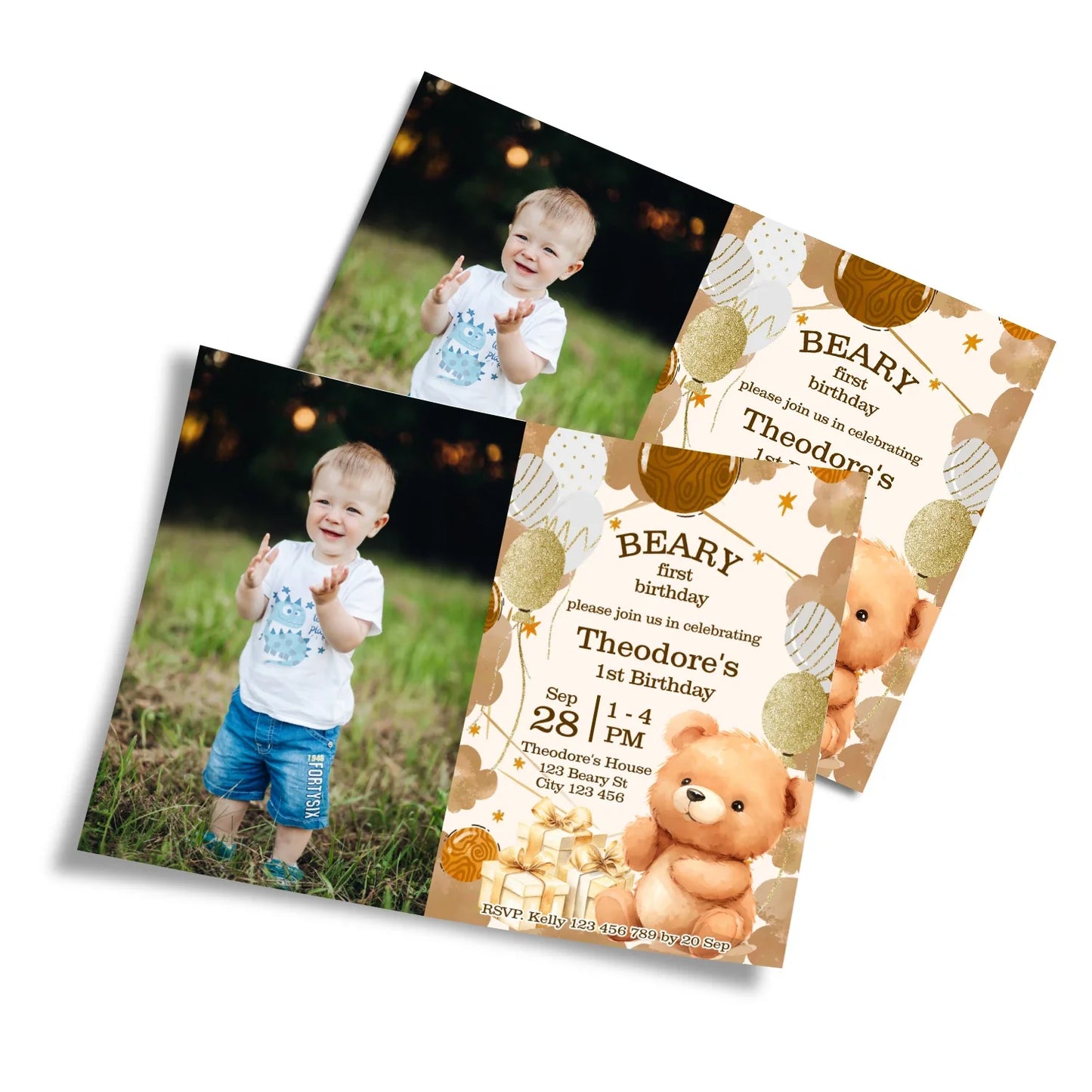 Bear personalized photo card invitations with teddy bear design and custom photo space