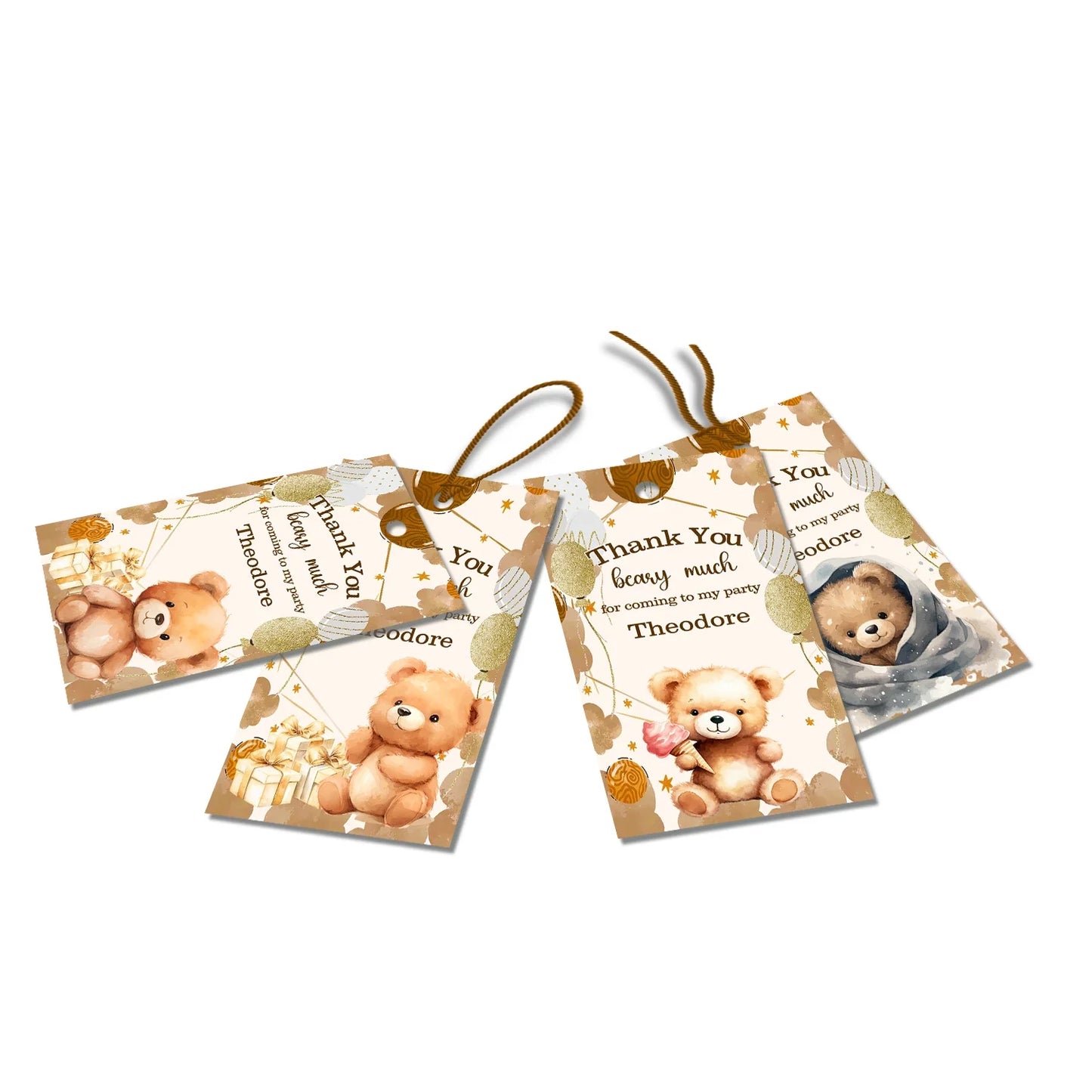 Bear thank you tags with adorable teddy bear design in beige and brown on white background