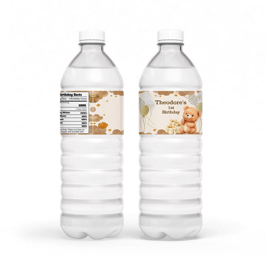 Bear water bottle label with teddy bear theme in beige and brown wrapped around bottle