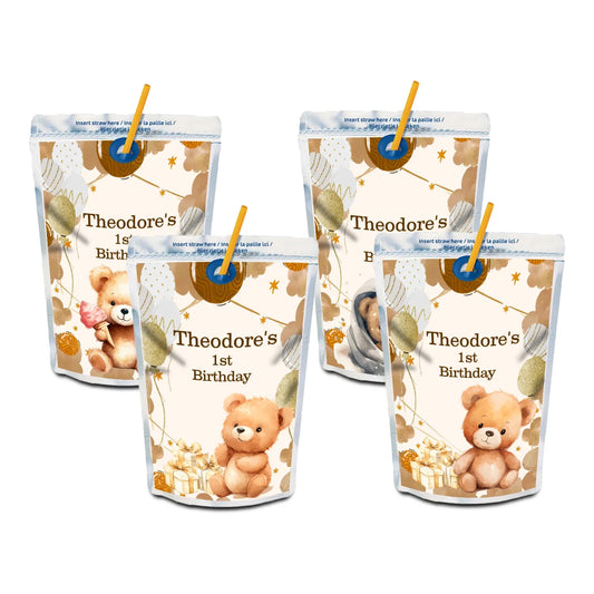 Bear juice pouch label with cute bear design in soft neutral tones on white background
