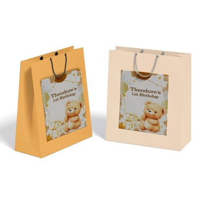 Bear goodie bag label with sweet teddy bear graphics displayed in flat lay