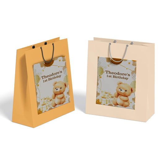 Bear goodie bag label with sweet teddy bear graphics displayed in flat lay