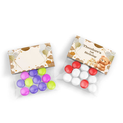 Bear treat bag topper label with adorable bear illustration in neutral colors on white background