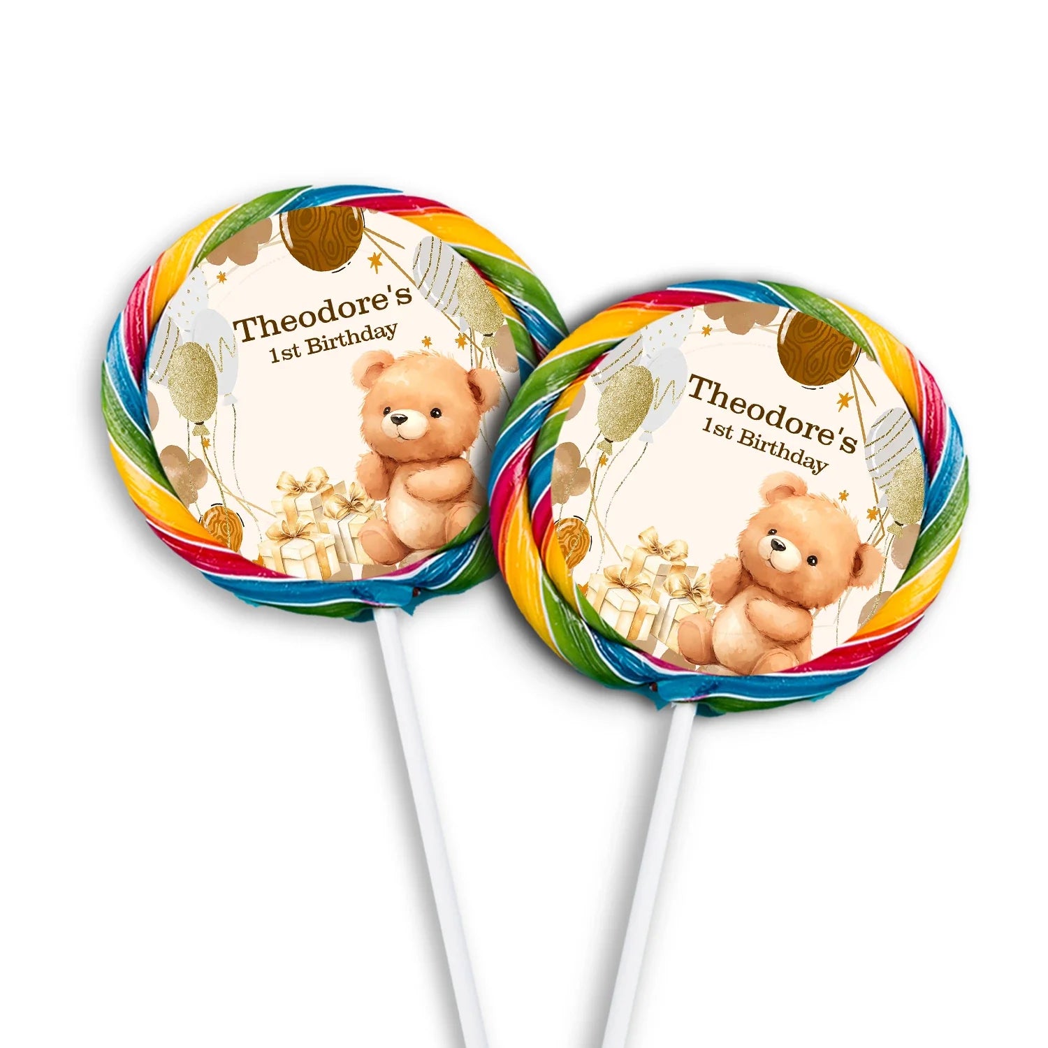 Bear lollipop label with cute teddy bear illustration in pastel colors