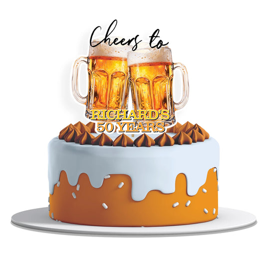 Beer adult birthday personalized cake toppers with beer mugs and celebration theme, cardstock toppers displayed on white background