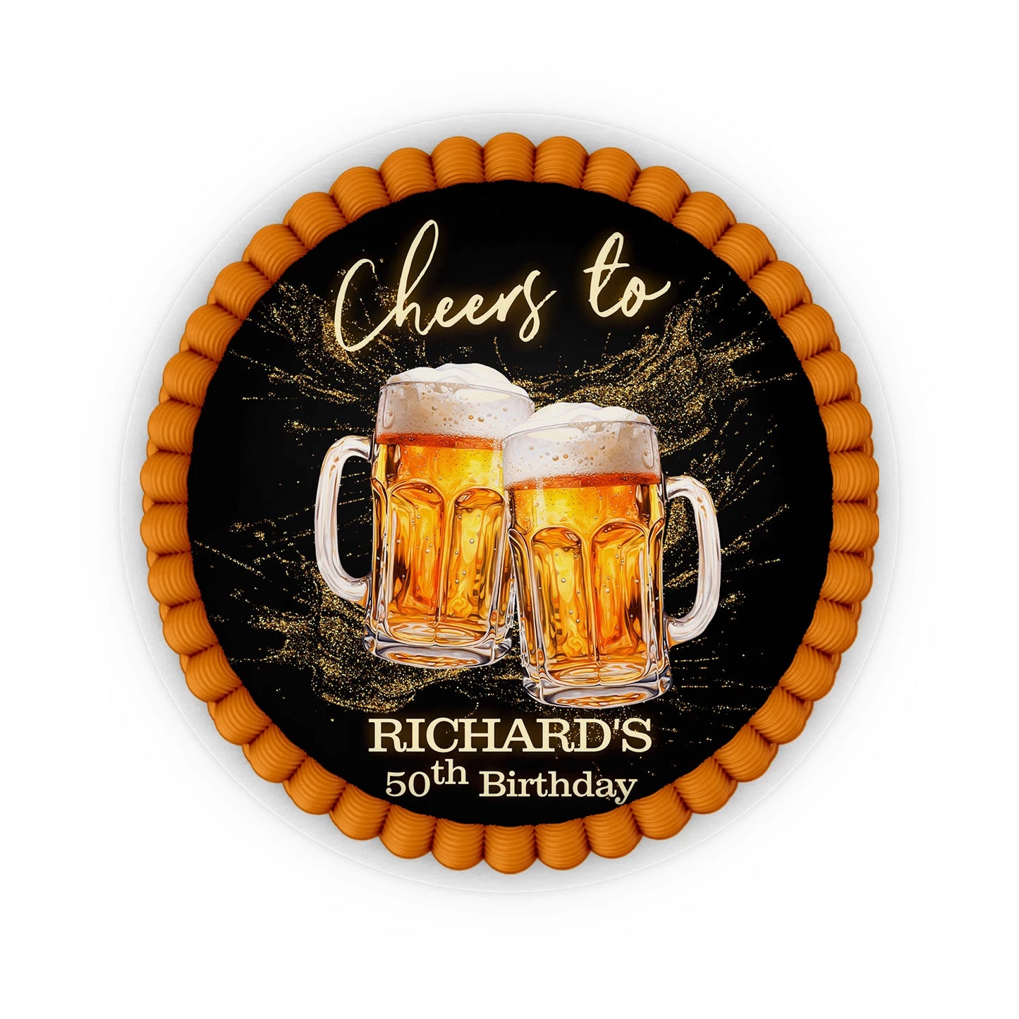 Beer adult birthday personalized edible icing cake images with beer mug graphics and foam accents, frosting sheets on white background
