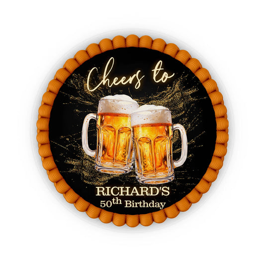 Beer adult birthday personalized edible icing cake images with beer mug graphics and foam accents, frosting sheets on white background