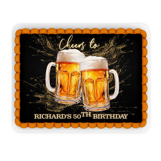 Beer adult birthday personalized edible sheet cake images with beer theme design and custom text, rectangular icing sheet on white background