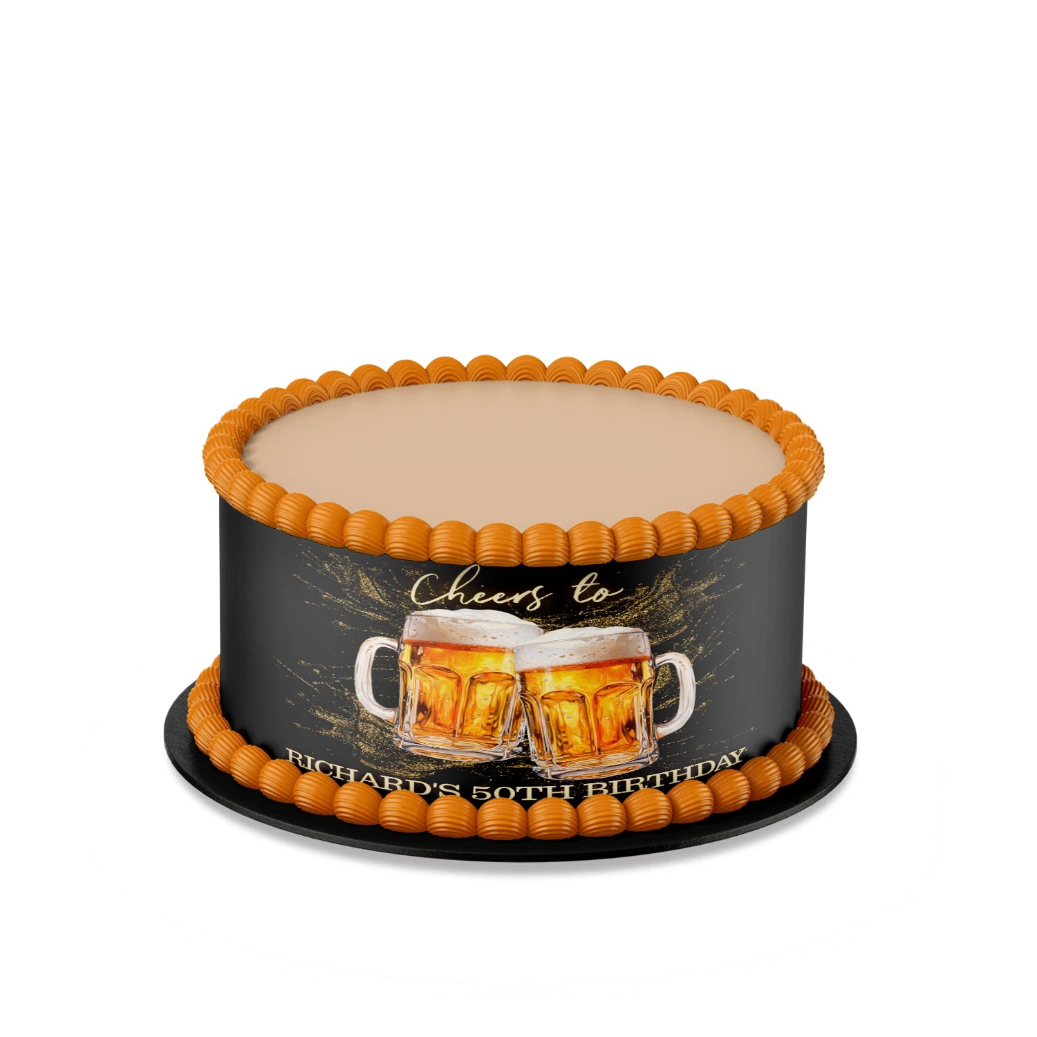 Beer adult birthday personalized cake strips with beer mug and foam graphics, wrap style cake decoration shown on white background