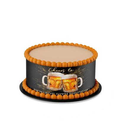 Beer adult birthday personalized cake strips with beer mug and foam graphics, wrap style cake decoration shown on white background