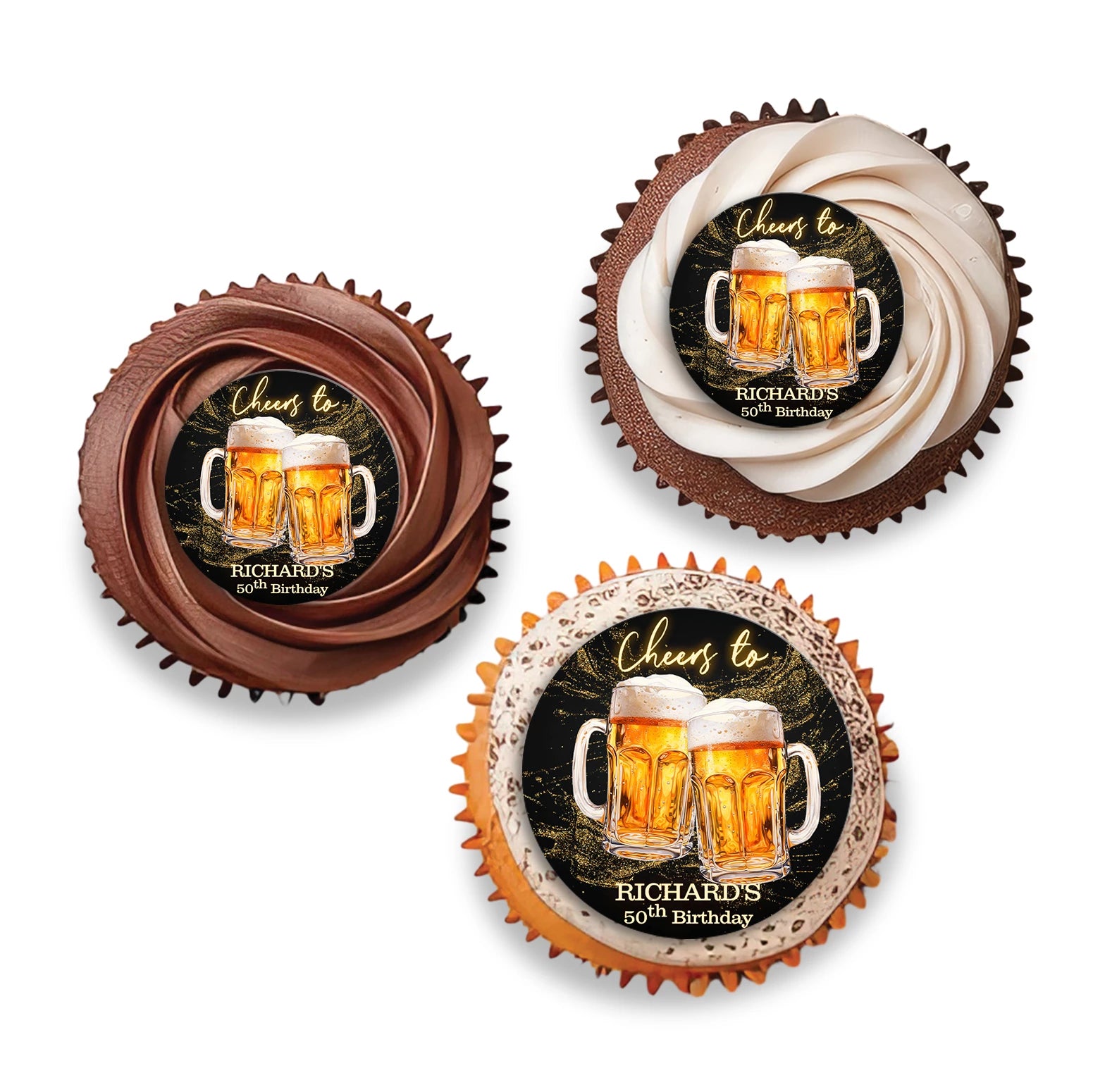 Beer adult birthday personalized cupcake toppers with beer mug icons and party colors, round toppers arranged on white background