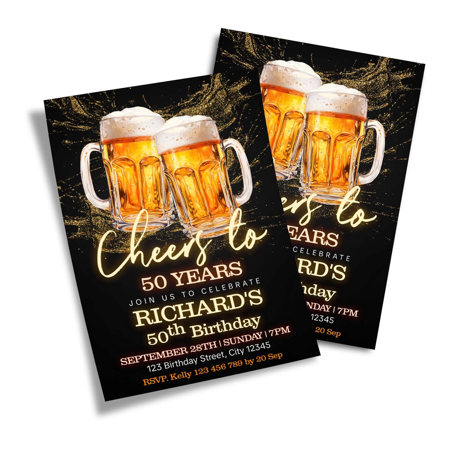 Beer adult birthday personalized birthday card invitations with beer mug graphics and bold colors, flat lay card on white background
