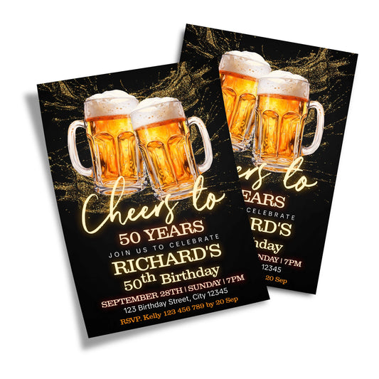 Beer adult birthday personalized birthday card invitations with beer mug graphics and bold colors, flat lay card on white background