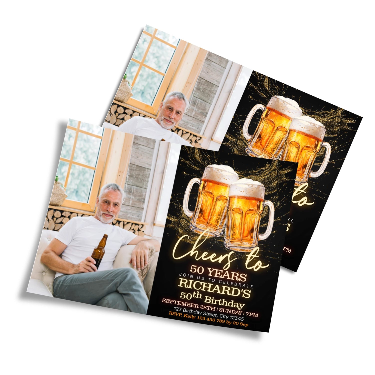 Beer adult birthday personalized photo card invitations with beer theme design and custom photo area, displayed on white background