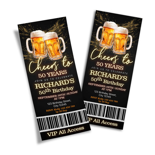Beer adult birthday personalized birthday ticket invitations with beer mug graphics and bold layout, ticket style on white background