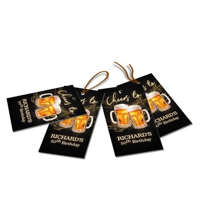 Beer adult birthday thank you tags with beer mug graphics and bold party colors, favor tags arranged on white background