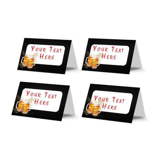 Beer adult birthday food cards with beer themed graphics for party table labels, tent cards displayed on white background