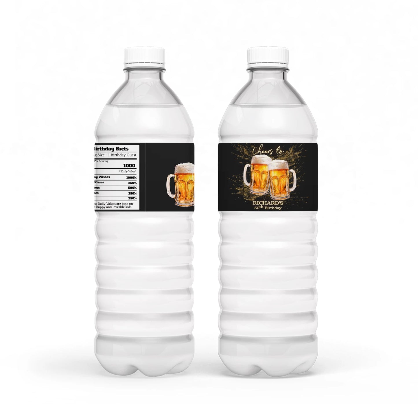 Beer adult birthday water bottle label with beer mug pattern and party colors, wrap label shown flat on white background