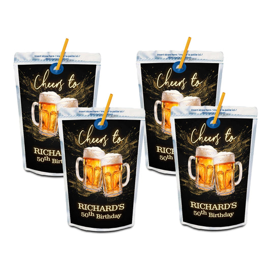 Beer adult birthday juice pouch label with beer theme graphics and bold colors, rectangular label on white background
