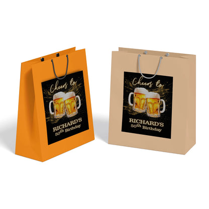 Beer adult birthday goodie bag label with beer themed graphics and bold colors, favor bag label on white background