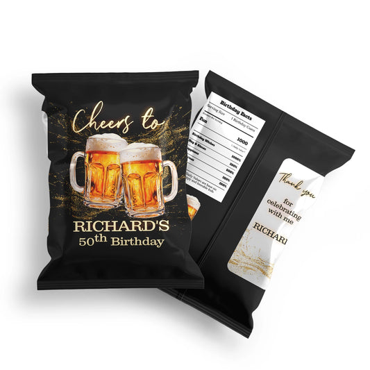 Beer adult birthday chips bag label with beer mug graphics and party theme wrap, snack bag label on white background