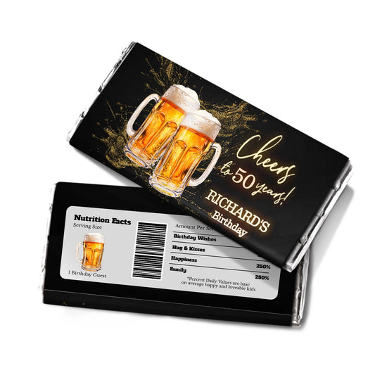 Beer adult birthday chocolate label with beer mug graphics and bold party colors, candy bar wrapper on white background