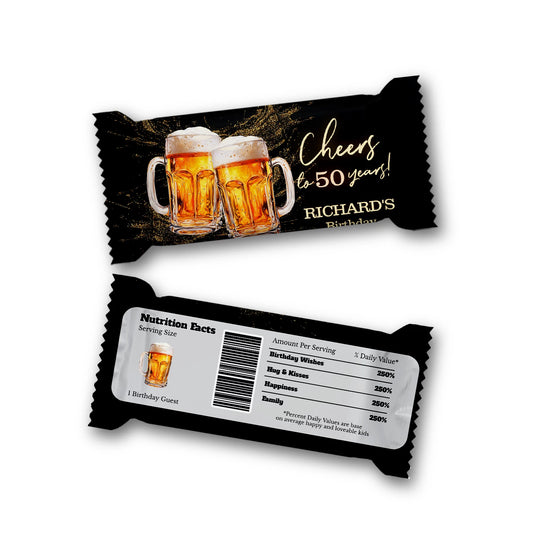 Beer adult birthday Rice Krispies treats and candy bar labels with beer theme graphics, flat lay on white background