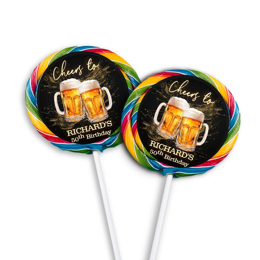 Beer adult birthday lollipop label with beer mug graphics and party colors, round candy label on white background