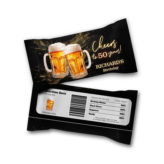 Beer adult birthday Skittles label with beer theme graphics and bold colors, candy wrap label displayed on white background